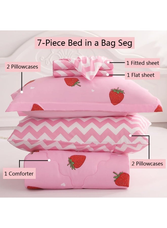 Gusuhome Strawberry Comforter Bedding Set Full Size for Girls 7 Piece Pink Kawaii Comforter Set Bed in A Bag for Kids Teens All Season (1 Comforter,1 Flat Sheet,1 Fitted Sheet and 4 Pillow Sham) - Image 3